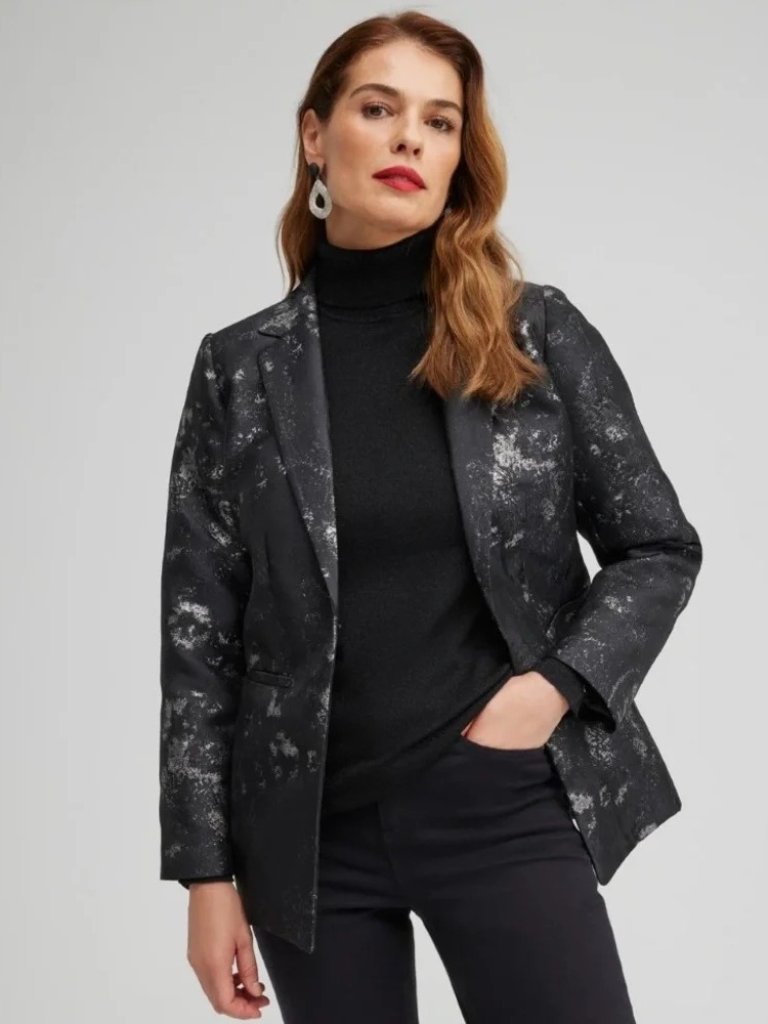 Nwt Chico's Size 1.5 Womens 10 Black Silver Metallic Jacquard Blazer Jacket New